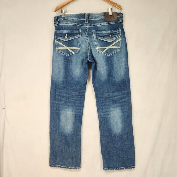 TK Axel Slim Boot Denim Jeans Men's 34x32 Distressed Classic Work Flap Pockets - Picture 2 of 7
